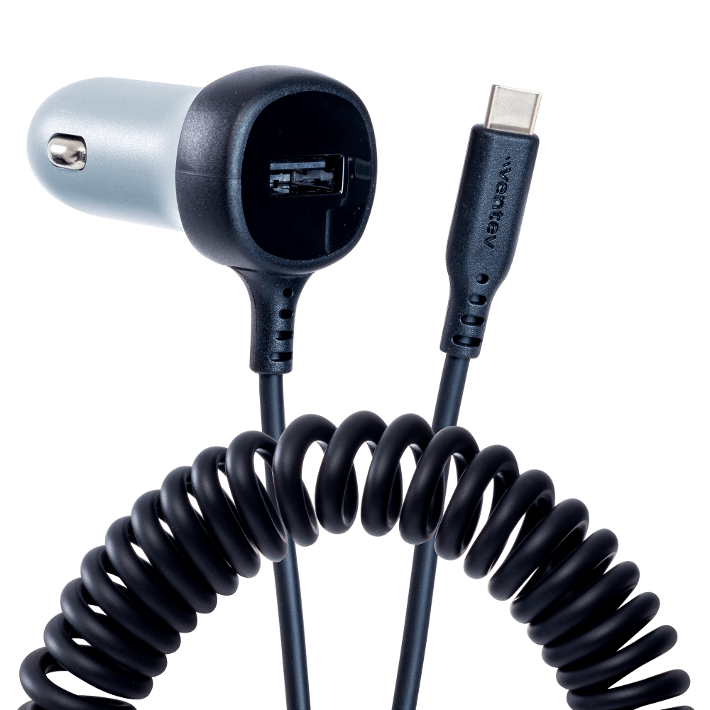Ventev 27W ULTRAFAST Dual Car Charger with USB C Travel Cable-Gray