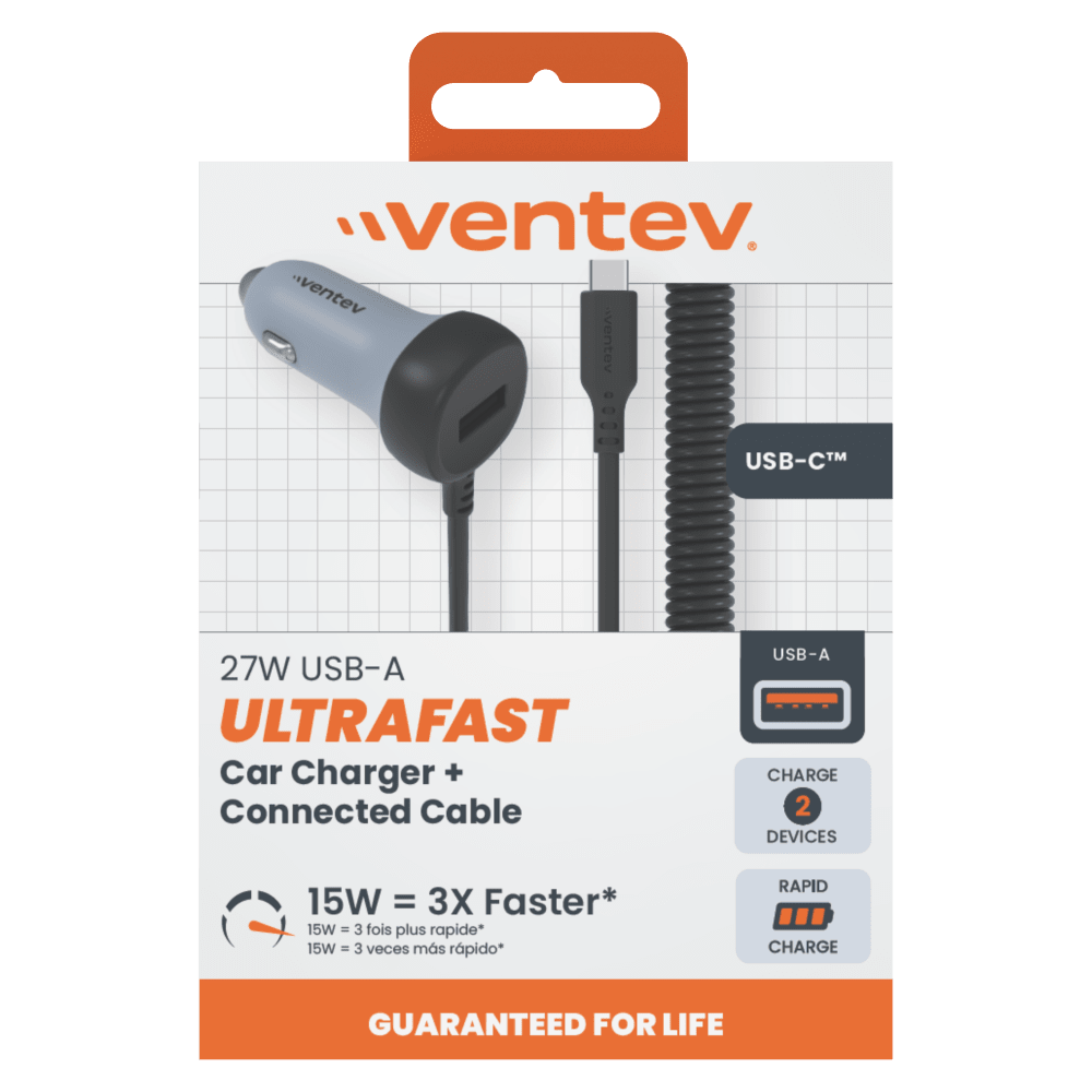 Ventev 27W ULTRAFAST Dual Car Charger with USB C Travel Cable-- by Ventev