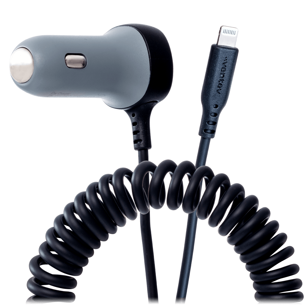 Ventev 27W ULTRAFAST Dual Car Charger with Apple Lightning Connected Travel Cable-Gray by Ventev