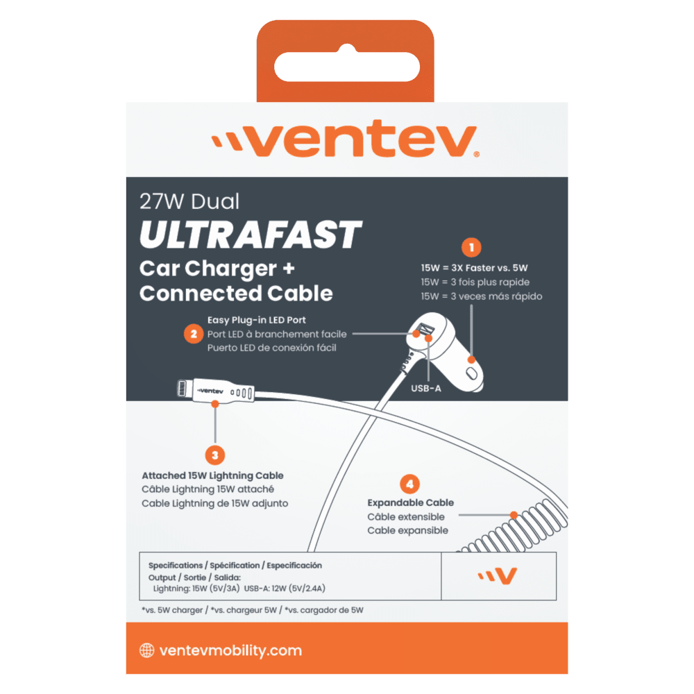 Ventev 27W ULTRAFAST Dual Car Charger with Apple Lightning Connected Travel Cable-Gray by Ventev