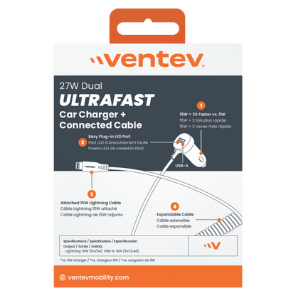 Ventev 27W ULTRAFAST Dual Car Charger with Apple Lightning Connected Travel Cable-Gray by Ventev
