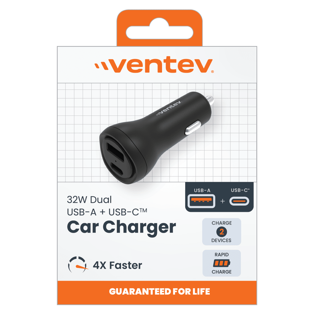 Ventev 32W ULTRAFAST USB C and USB A Universal Dual Car Charger-Black by Ventev