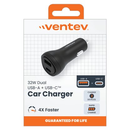 Ventev 32W ULTRAFAST USB C and USB A Universal Dual Car Charger-Black by Ventev