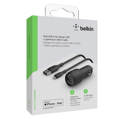 Belkin Boost Up Charge Dual Port USB A Car Charger 24W with Apple Lightning Cable 3ft by Belkin