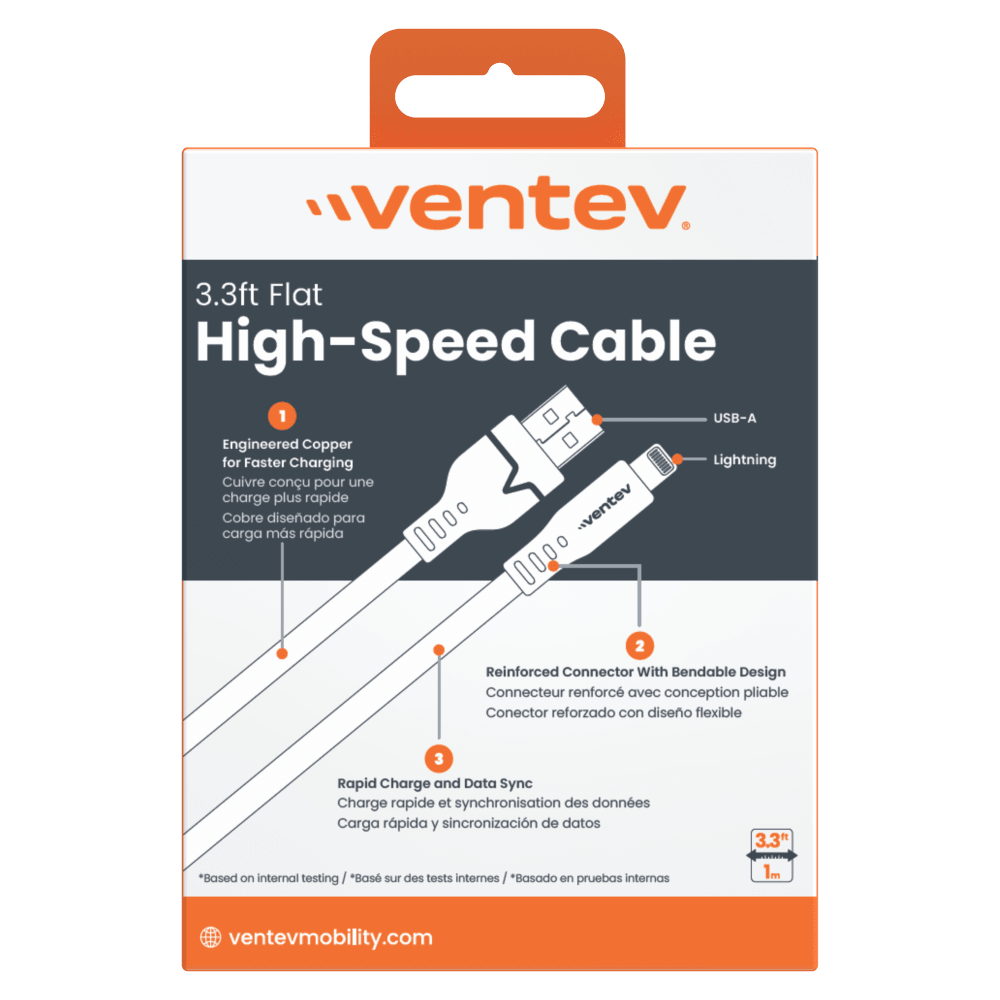 Ventev Flat USB A to Apple Lightning High Speed Tangle-Free 3 Foot Cable-- by Ventev