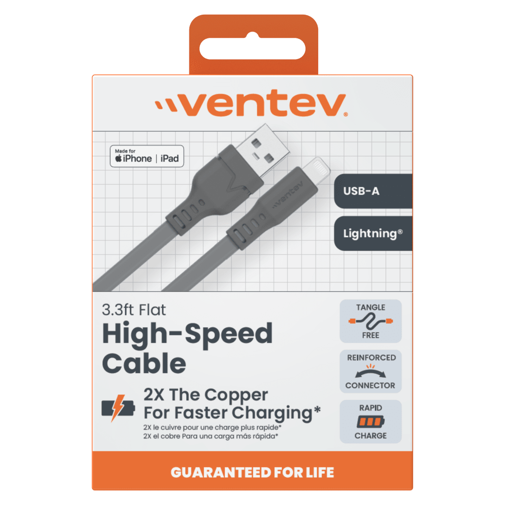 Ventev Flat USB A to Apple Lightning High Speed Tangle-Free 3 Foot Cable-- by Ventev