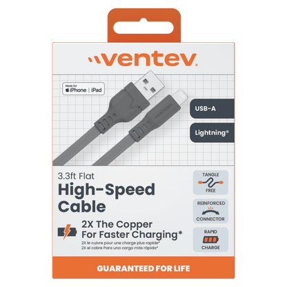 Ventev Flat USB A to Apple Lightning High Speed Tangle-Free 3 Foot Cable-- by Ventev