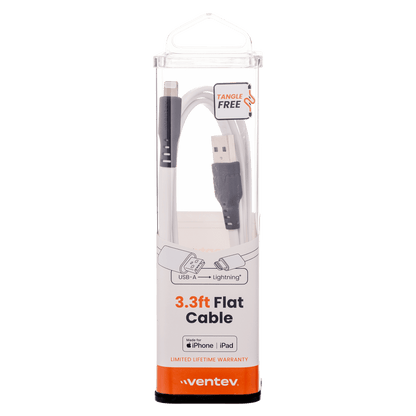 Ventev Flat USB A to Apple Lightning High Speed Tangle-Free 3 Foot Cable-White by Ventev