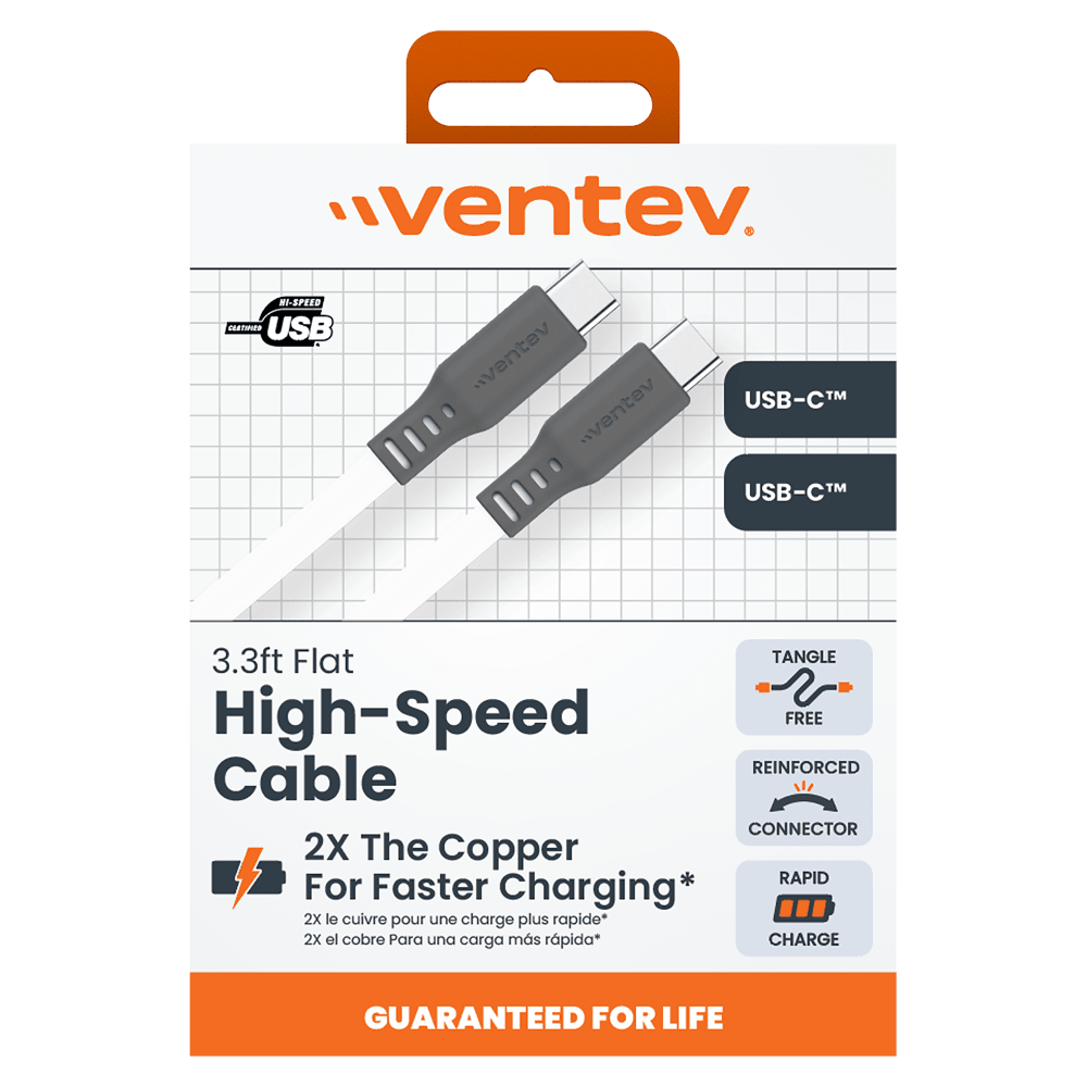Ventev Flat USB C to USB C High Speed Tangle-Free 3 Foot Cable-- by Ventev
