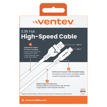 Ventev Flat USB A to USB C High Speed Tangle-Free Cable 3.3ft by Ventev