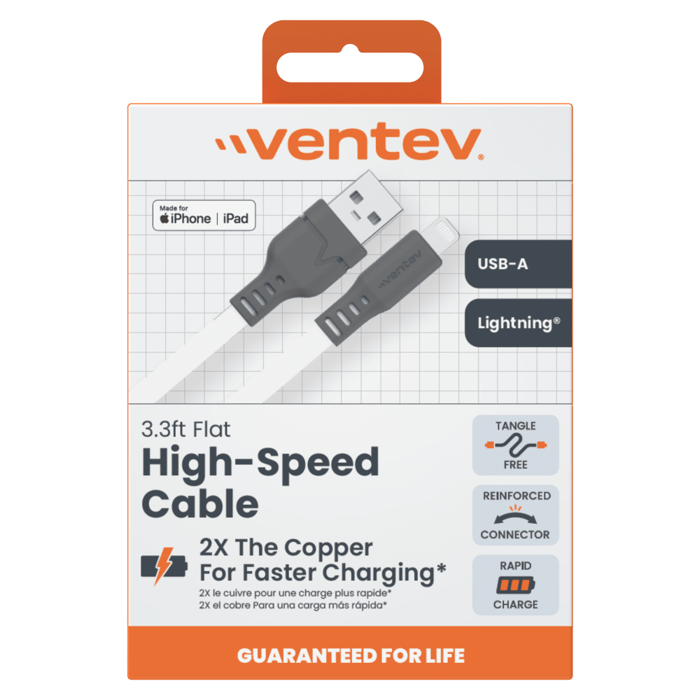 Ventev Flat USB A to Apple Lightning High Speed Tangle-Free 3 Foot Cable-- by Ventev