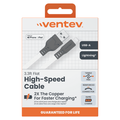 Ventev Flat USB A to Apple Lightning High Speed Tangle-Free 3 Foot Cable-- by Ventev