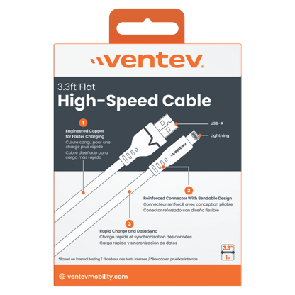 Ventev Flat USB A to Apple Lightning High Speed Tangle-Free 3 Foot Cable-- by Ventev