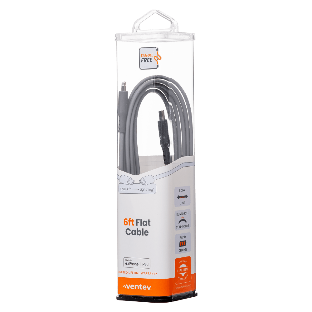 Ventev Flat USB C to Apple Lightning High Speed Tangle-Free 6 Foot Cable-Gray