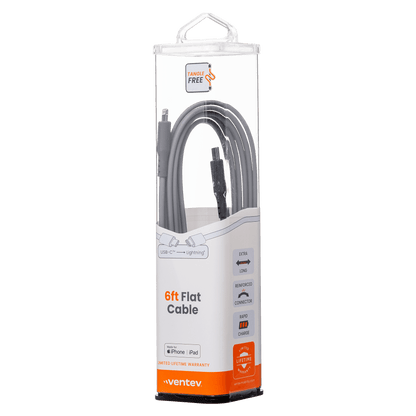 Ventev Flat USB C to Apple Lightning High Speed Tangle-Free 6 Foot Cable-Gray