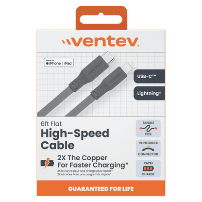 Ventev Flat USB C to Apple Lightning High Speed Tangle-Free 6 Foot Cable-- by Ventev