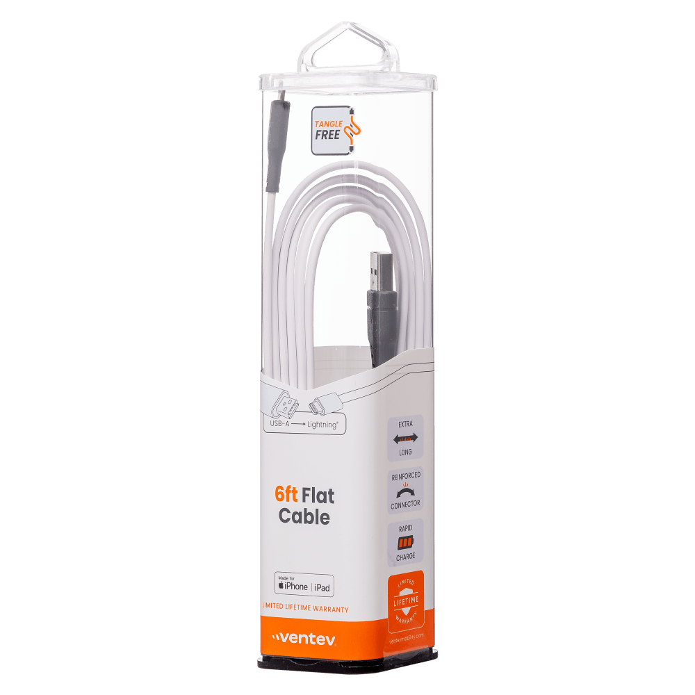 Ventev Flat USB A to Apple Lightning High Speed Tangle-Free 6 Foot Cable-- by Ventev