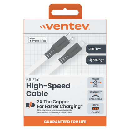 Ventev Flat USB C to Apple Lightning High Speed Tangle-Free 6 Foot Cable-- by Ventev