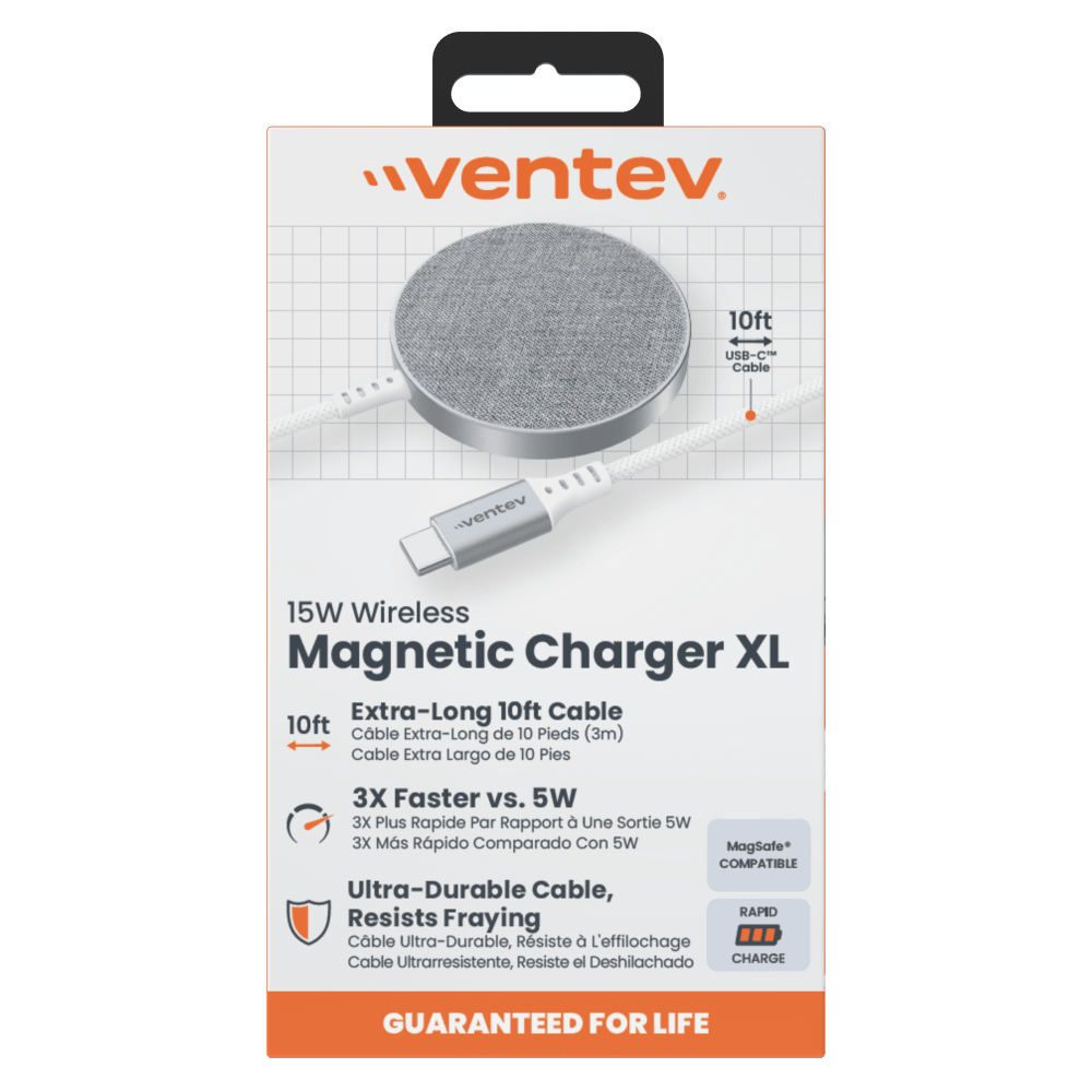 Ventev 15W ULTRAFAST Wireless Magnetic Charger with Extra-Long 10 Foot Alloy Cable-Silver by Ventev