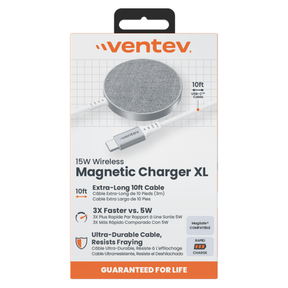 Ventev 15W ULTRAFAST Wireless Magnetic Charger with Extra-Long 10 Foot Alloy Cable-Silver by Ventev