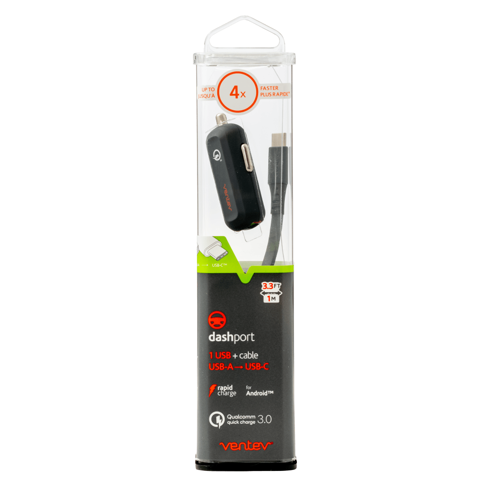 Ventev 24W ULTRAFAST USB A Mini Car Charger and USB A to USB C Cable-Gray by Ventev