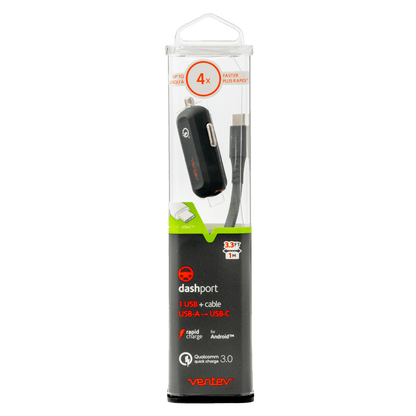 Ventev 24W ULTRAFAST USB A Mini Car Charger and USB A to USB C Cable-Gray by Ventev