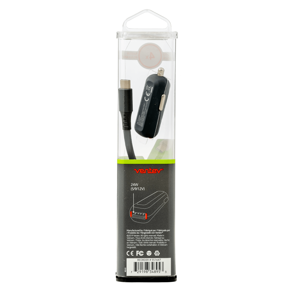 Ventev 24W ULTRAFAST USB A Mini Car Charger and USB A to USB C Cable-Gray by Ventev