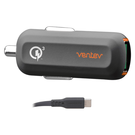 Ventev 24W ULTRAFAST USB A Mini Car Charger and USB A to USB C Cable-Gray by Ventev
