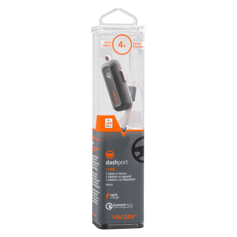 Ventev 24W ULTRAFAST USB A Car Charger and USB A to Micro USB Cable-Gray by Ventev