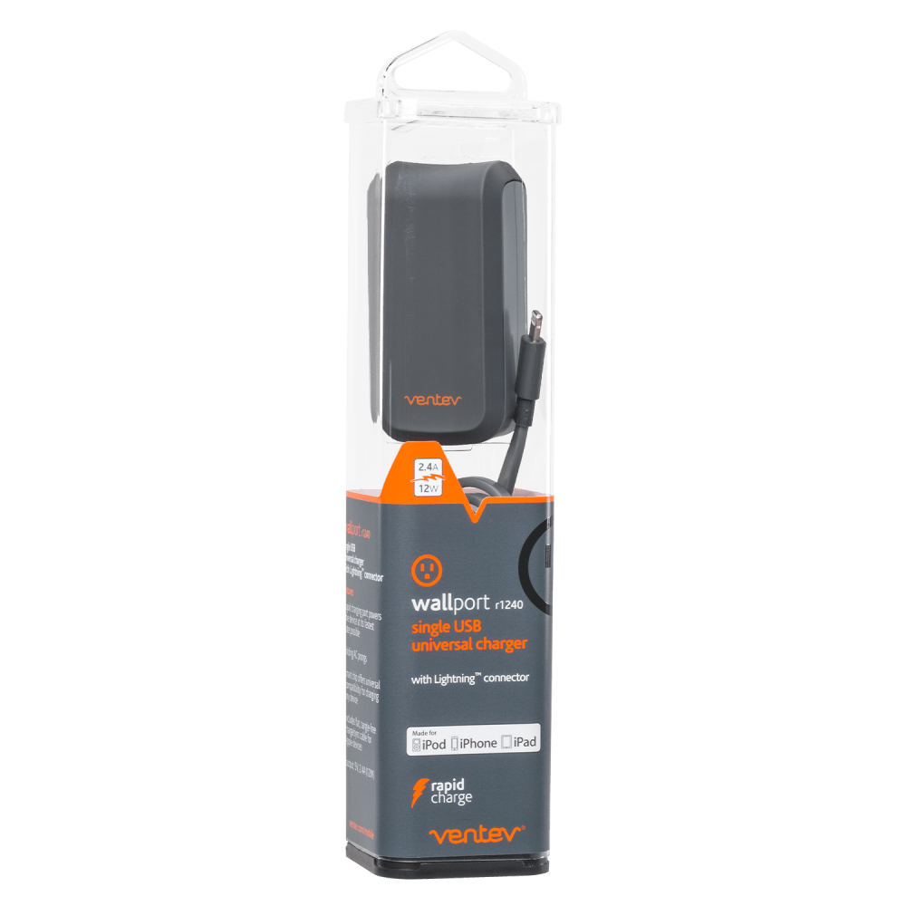 Ventev 12W wallport r1240 Wall Charger and USB A to Apple Lightning Cable 3.3ft-Gray by Ventev