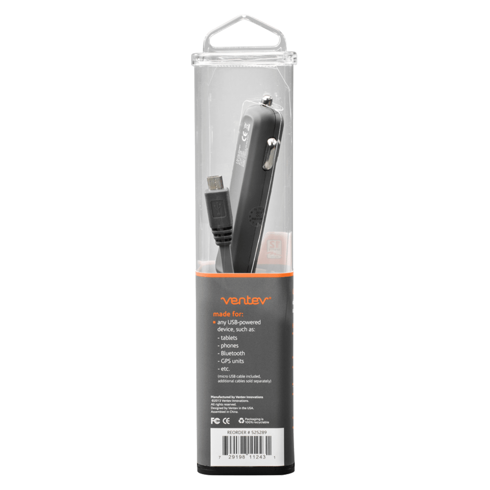 Ventev 24W ULTRAFAST USB A Dual Mini Car Charger and USB A to Micro USB Cable-Gray by Ventev