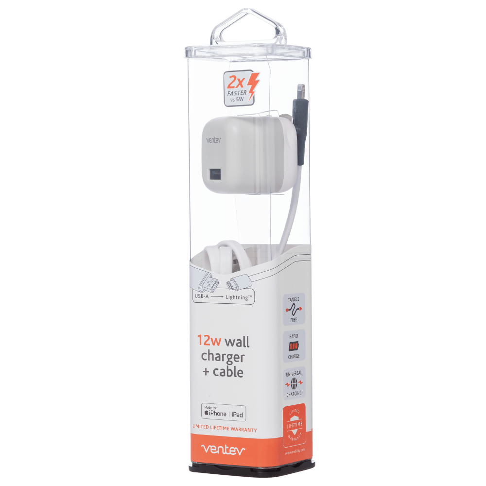 Ventev 12W USB A Universal Mini Wall Charger and USB A to Apple Lightning Cable-White by Ventev