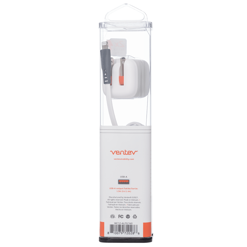 Ventev 12W USB A Universal Mini Wall Charger and USB A to Apple Lightning Cable-White by Ventev
