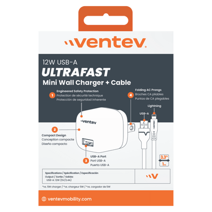 Ventev 12W USB A Universal Mini Wall Charger and USB A to Apple Lightning Cable-Gray by Ventev