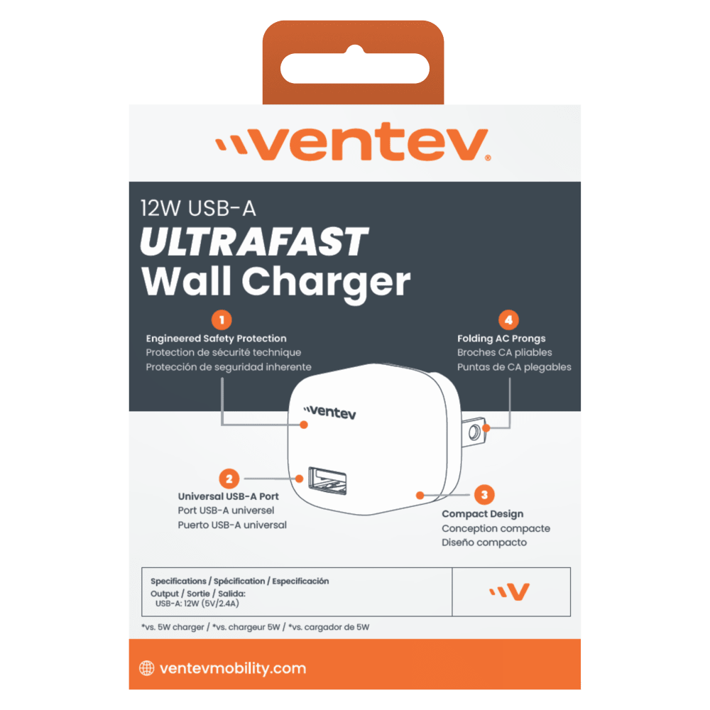 Ventev 12W USB A Universal Mini Wall Charger-Gray by Ventev