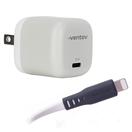 Ventev 20W ULTRAFAST USB C Universal Mini Wall Charger and USB C to Apple Lightning High Speed Cable-White by Ventev