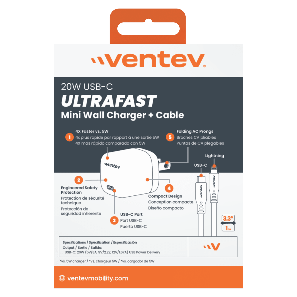 Ventev 20W ULTRAFAST USB C Universal Mini Wall Charger and USB C to Apple Lightning Cable-Gray by Ventev