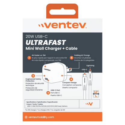 Ventev 20W ULTRAFAST USB C Universal Mini Wall Charger and USB C to Apple Lightning Cable-Gray by Ventev