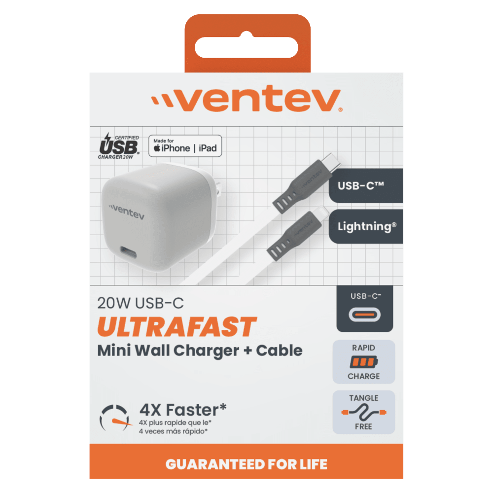 Ventev 20W ULTRAFAST USB C Universal Mini Wall Charger and USB C to Apple Lightning Cable-Gray by Ventev