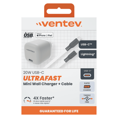 Ventev 20W ULTRAFAST USB C Universal Mini Wall Charger and USB C to Apple Lightning Cable-Gray by Ventev
