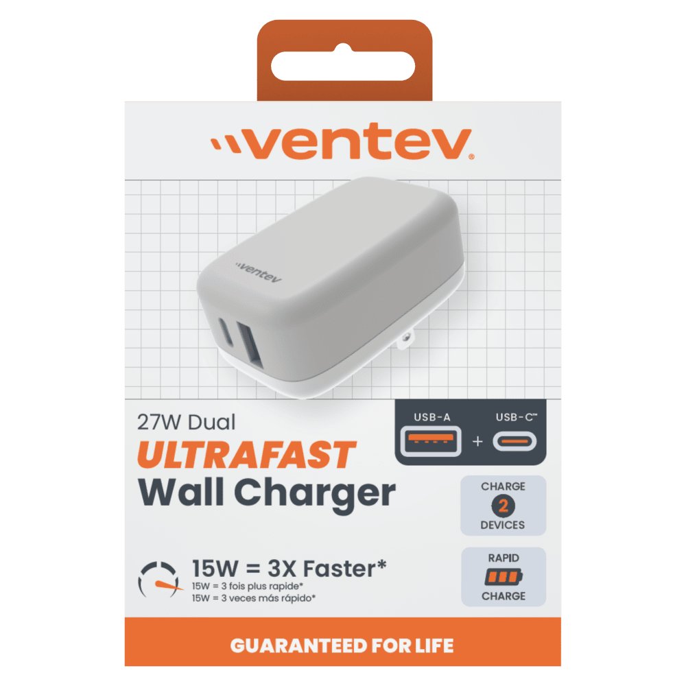 Ventev 27W ULTRAFAST USB C and USB A Dual Universal Wall Charger-- by Ventev