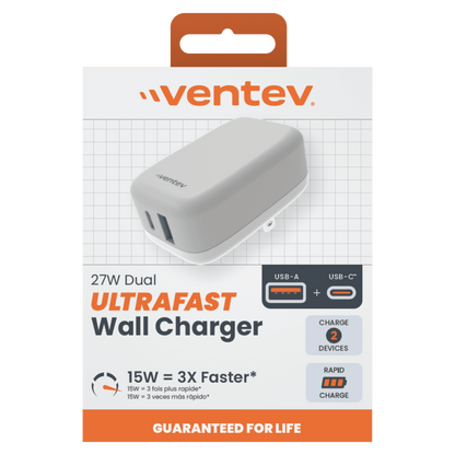 Ventev 27W ULTRAFAST USB C and USB A Dual Universal Wall Charger-- by Ventev