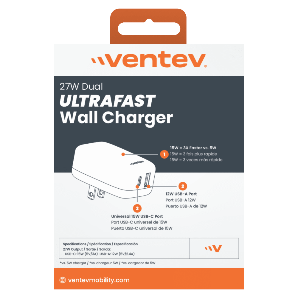 Ventev 27W ULTRAFAST USB C and USB A Dual Universal Wall Charger-- by Ventev