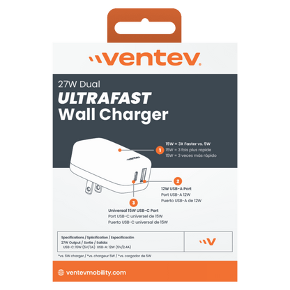 Ventev 27W ULTRAFAST USB C and USB A Dual Universal Wall Charger-- by Ventev