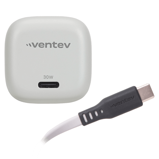 Ventev 30W ULTRAFAST USB C Mini GaN Wall Charger and USB C to USB C Cable-White by Ventev