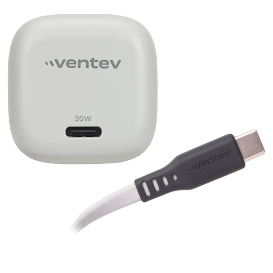Ventev 30W ULTRAFAST USB C Mini GaN Wall Charger and USB C to USB C Cable-White by Ventev