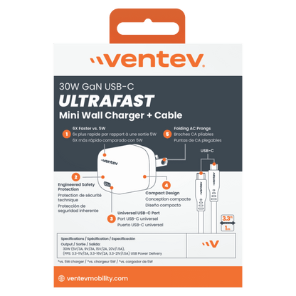 Ventev 30W ULTRAFAST USB C Mini GaN Wall Charger and USB C to USB C Cable-White by Ventev
