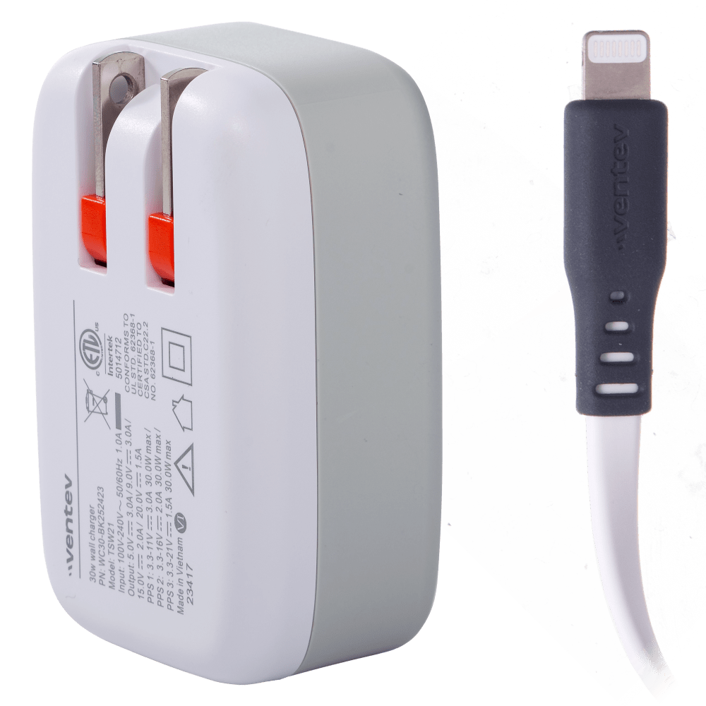 Ventev 30W ULTRAFAST USB C Universal Wall Charger with USB C to Apple Lightning Cable-White by Ventev