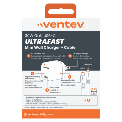 Ventev 30W Mini Wall Charger and USB C to Apple Lightning Cable-Gray by Ventev