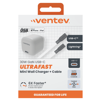 Ventev 30W Mini Wall Charger and USB C to Apple Lightning Cable-Gray by Ventev